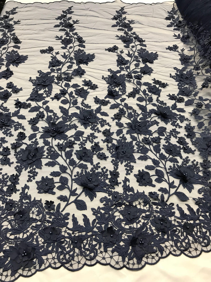 Navy blue 3d floral princess design embroider with pearls on a mesh lace-sold by the yard
