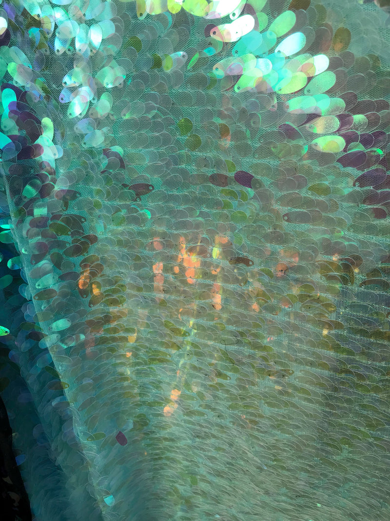 Mint green iridescent teardrop sequins-mermaid scales-dresses-fashion-apparel-dresses-cushions-backdrops-nightgown-sold by the yard.
