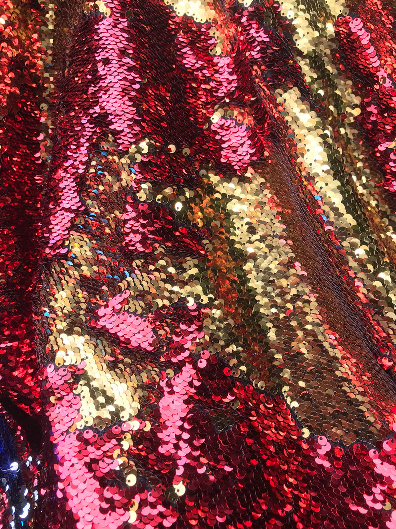 Red-gold shiny mermaid sequins embroider on a 2 way Stretch spandex-flip Sequins-appparel-fashion-decorations-nightgown-sold by the yard.