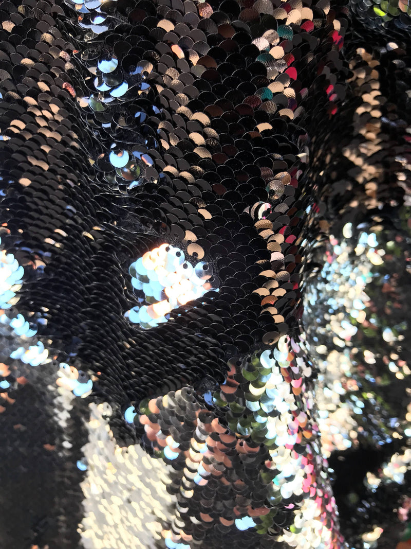 Black-silver shiny flip sequins-mermaid fish scale sequins on a 2 way stretch spandex-dresses-fashion-apparel-pillow-sold by the yard.
