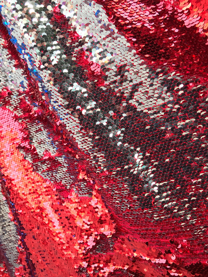Red-silver shiny flip sequins-mermaid fish scales embroider on a 2 way stretch spandex-dresses-fashion-apparel-pillows-sold by the yard.