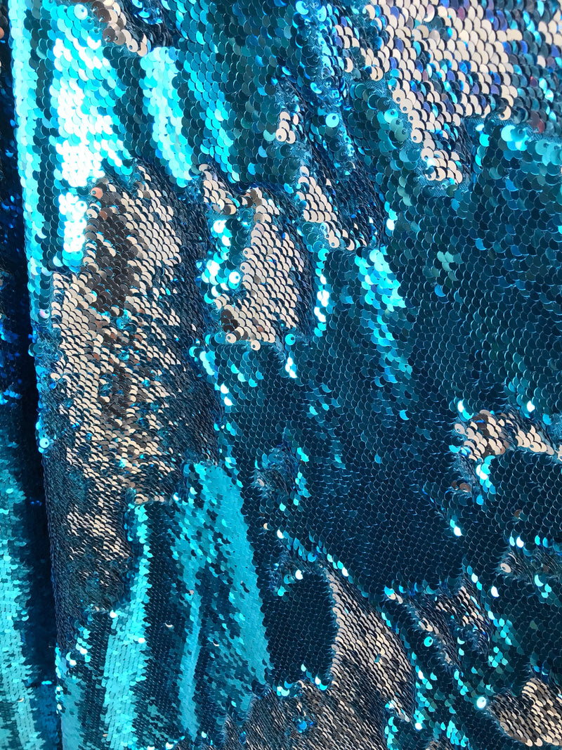 Teal blue-silver shiny flip sequins-mermaid fish scales embroider on a 2 way stretch spandex-dresses-fashion-apparel-pillows-sold by yard.