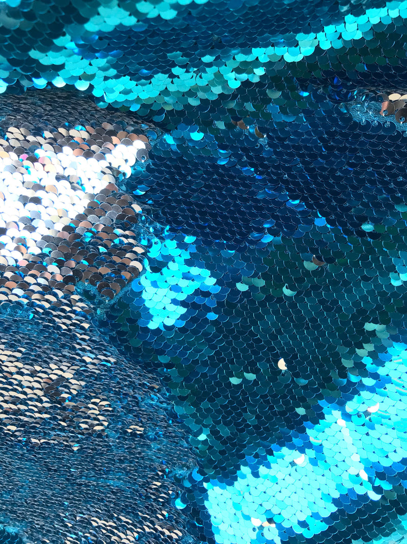 Teal blue-silver shiny flip sequins-mermaid fish scales embroider on a 2 way stretch spandex-dresses-fashion-apparel-pillows-sold by yard.
