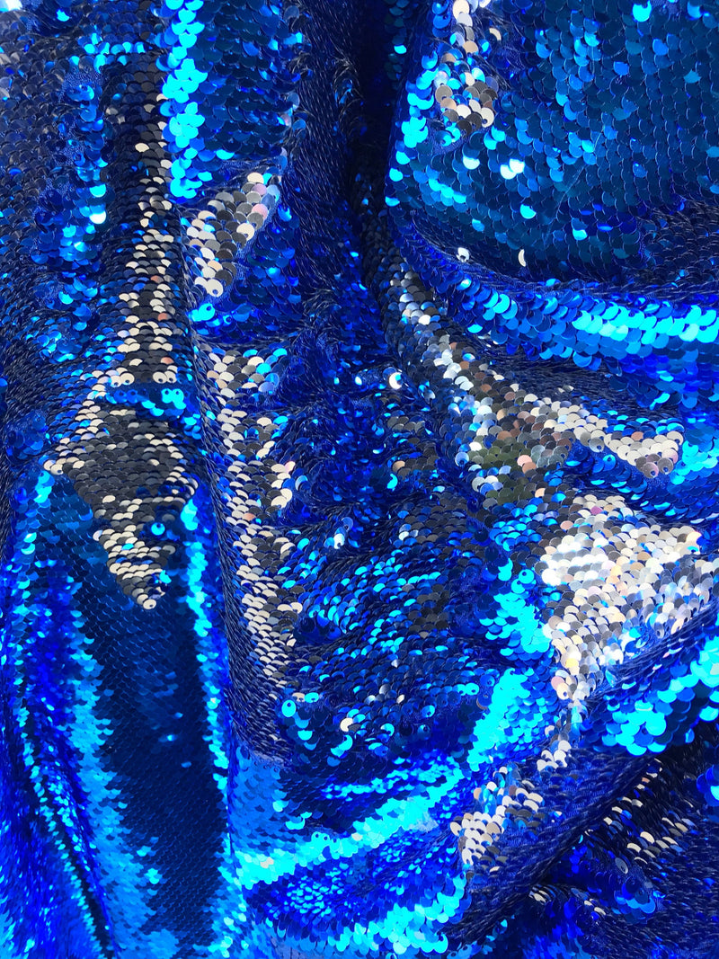 Royal blue-silver shiny flip sequins-mermaid fish scales embroider on a 2 way stretch spandex-dresses-fashion-apparel-pillows-sold by yard.