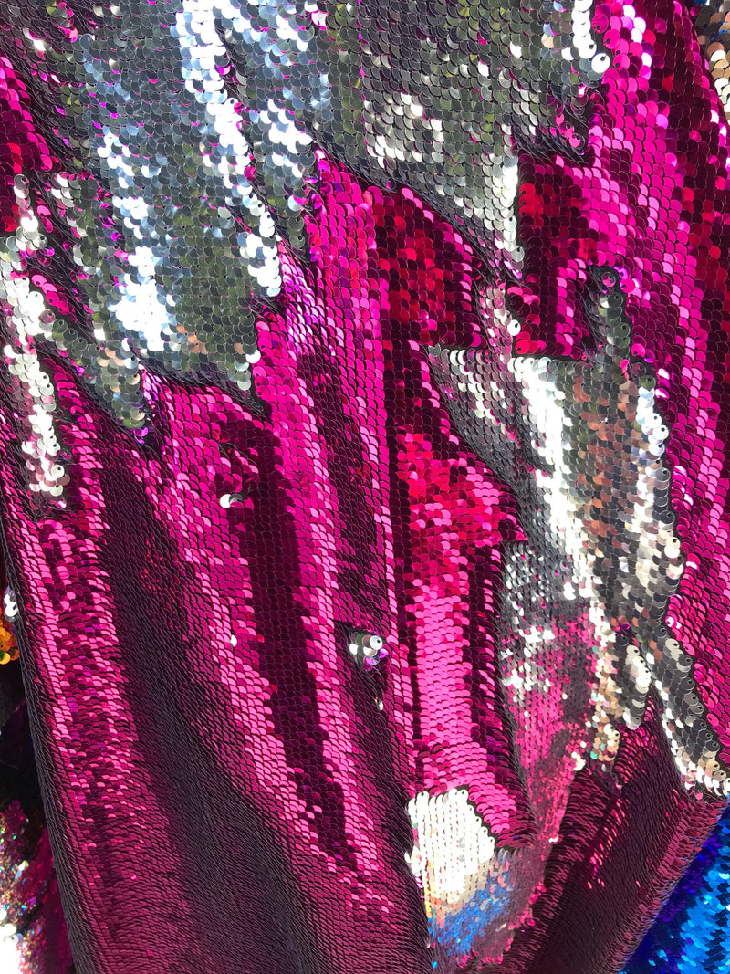 Fuchsia-silver shiny flip sequins-mermaid fish scales embroider on a 2 way stretch spandex-dresses-fashion-apparel-pillows-sold by yard.