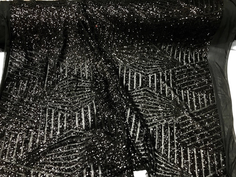 Black shiny sequin geometric design embroider on a 4 way Stretch power mesh-dresses-fashion-apperal-prom-nightgown-sold by the yard...
