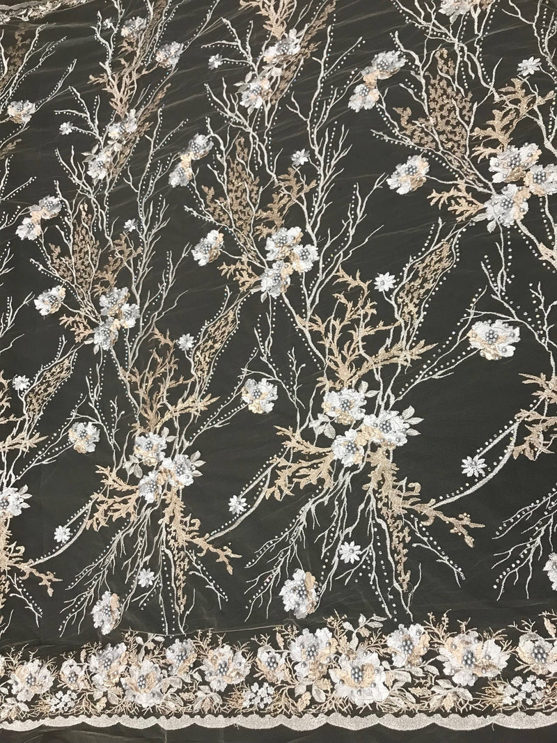 Gray floral design embroider with metallic tread peals and iridescent rhinestones on a nude mesh-dresses-fashion-prom-nightgown-sold by yard