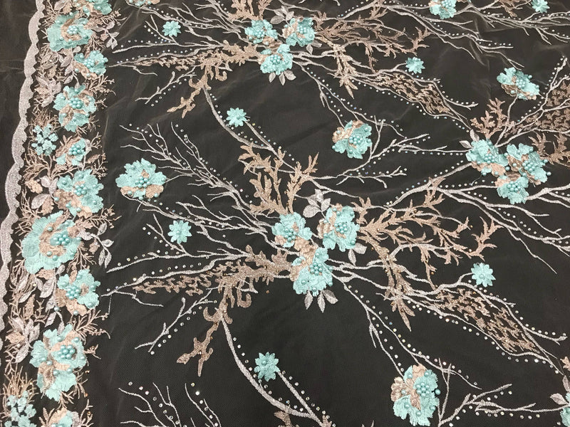 Aqua floral design metallic embroider with pearls and iridescent rhinestones on a nude mesh-dresses-fashion-prom-nightgown-sold by yard