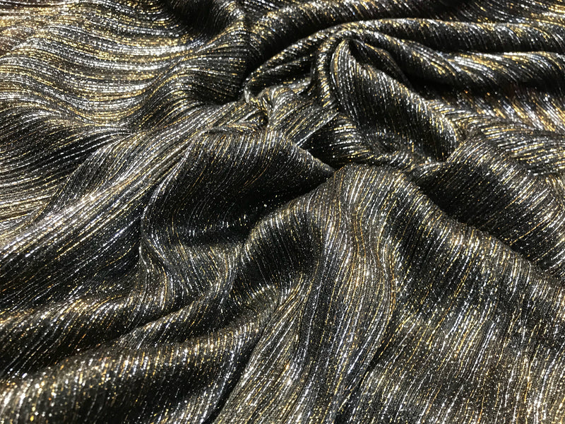 Black-silver-gold pleated metallic knitted sheer fabric-dresses-fashion-apparel-prom-nightgown-decorations-sold by the yard