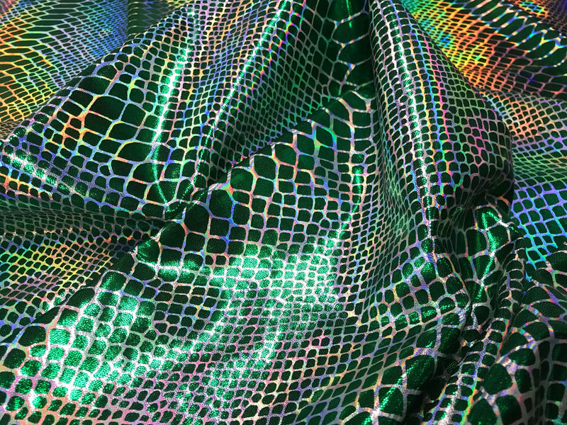 Green iridescent dragon scales print on a 2 way stretch nylon spandex-dresses-lwggings-decorations-prom-nightgown-sold by the yard.