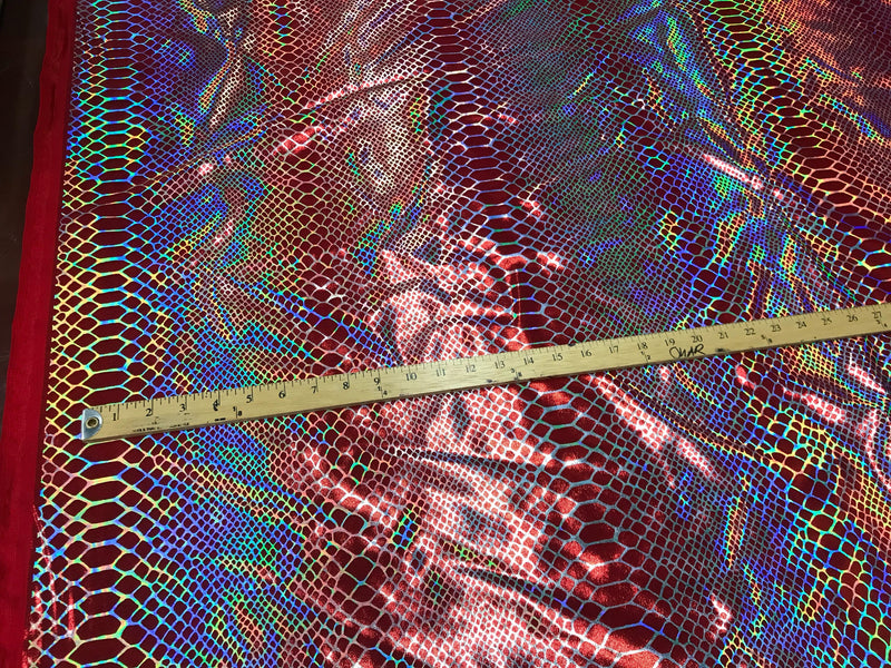 Red iridescent dragon scales print on a 2 way stretch nylon spandex-dresses-fashion-leggings-prom-nightgown-decorations-sod by the yard.