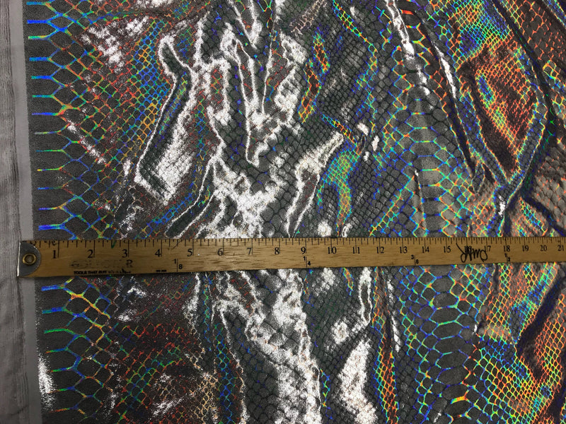 Silver iridescent dragon scales print on a 2 way Stretch nylon spandex-dresses-leggings-prom-nightgown decorations-fashion-sold by the yard.