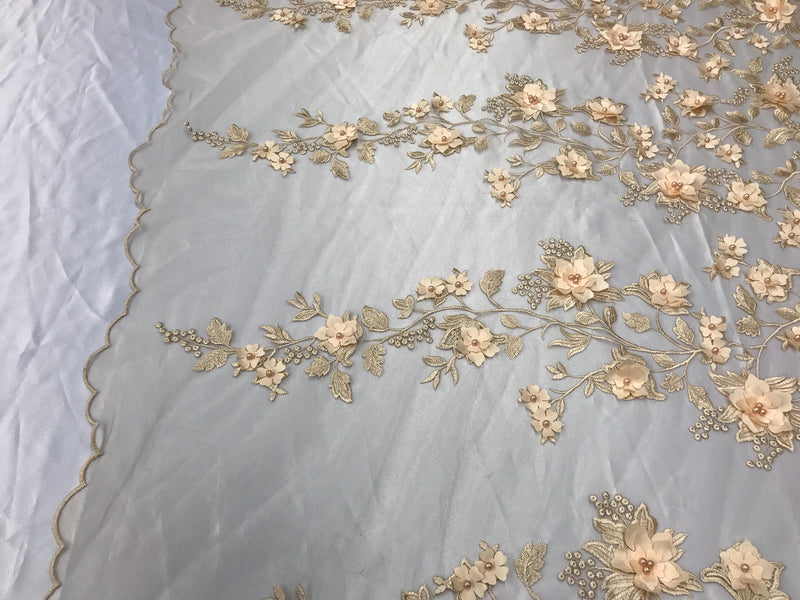 Champagne 3d floral princess design embroider with pearls on a mesh lace-sold by the yard