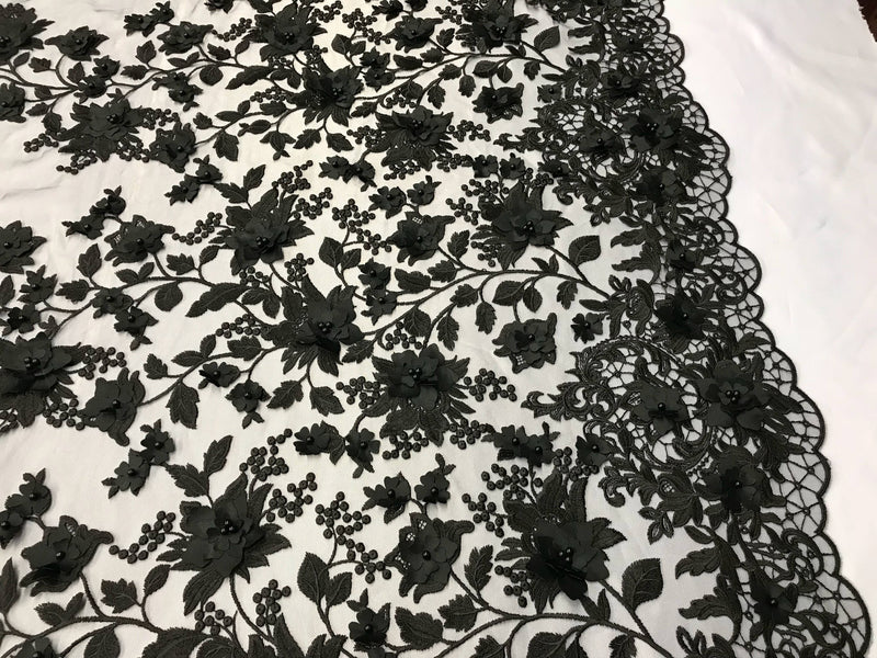 Black 3d floral princess design embroider with pearls on a mesh lace-sold by the yard