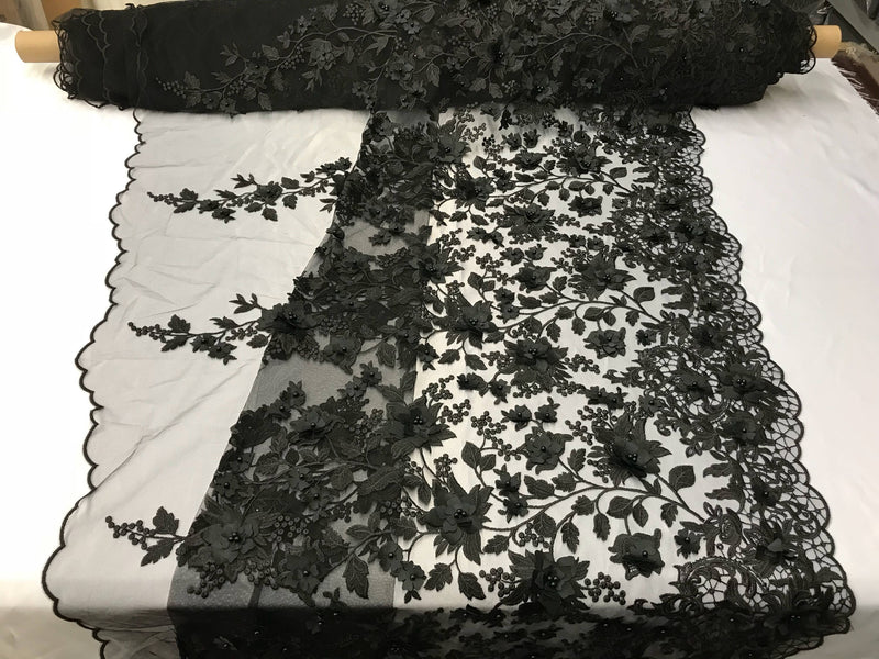 Black 3d floral princess design embroider with pearls on a mesh lace-sold by the yard