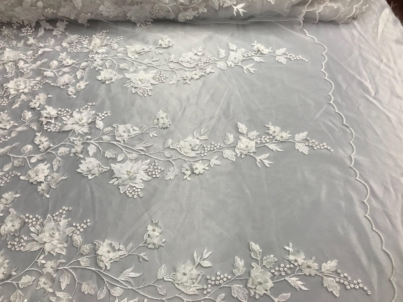 White 3d floral princess design embroider with pearls on a mesh lace-sold by the yard