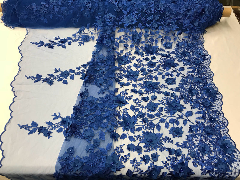 Royal blue princess 3d floral design embroider and beaded with pearls on a mesh lace-dresses-prom-nightgown-apparel-fashion-sold by the yard