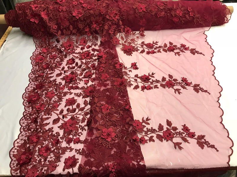 Burgundy princess 3d floral design embroider with pearls on a mesh lace-sold by the yard.
