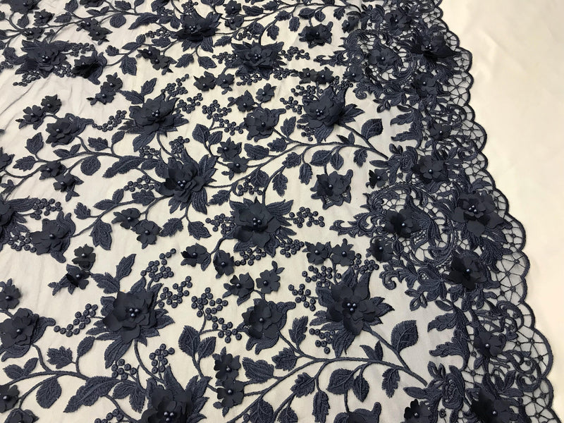 Navy blue 3d floral princess design embroider with pearls on a mesh lace-sold by the yard