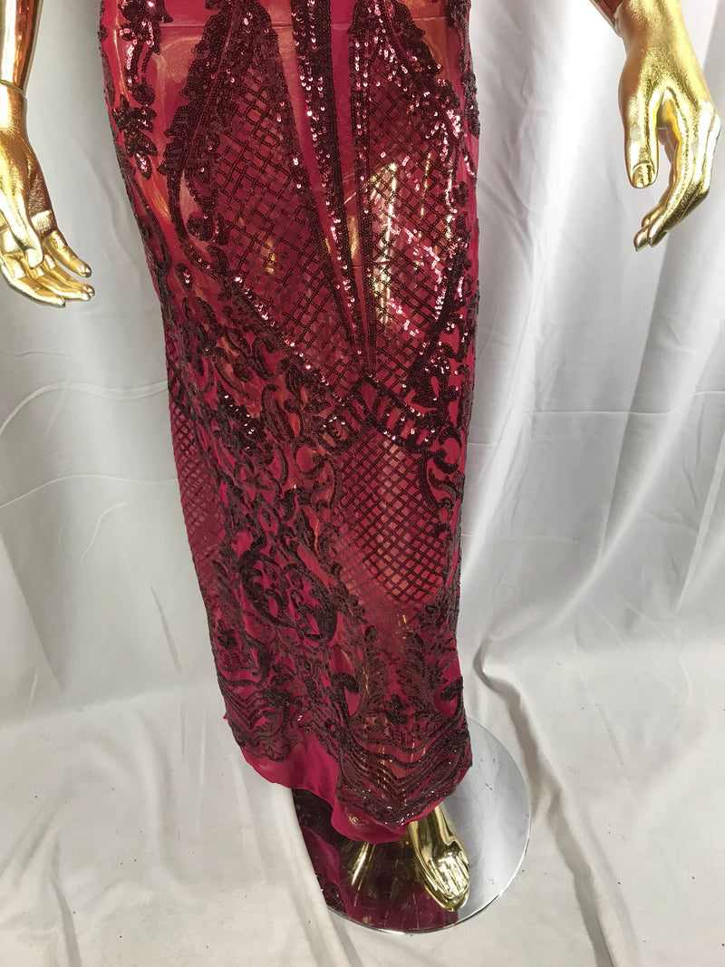 Burgundy princess design embroider with shiny sequins on a 4 way stretch power mesh-dresses-fashion-prom-nightgown-sold by the yard.