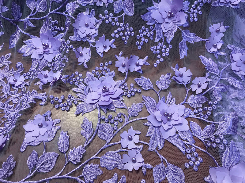 Lavender 3d floral princess design embroider with pearls on a mesh lace-sold by the yard