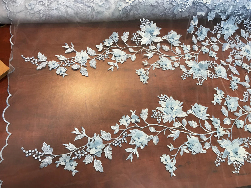 Light blue princess 3d floral design embroider with pearls on a mesh lace-sold by the yard
