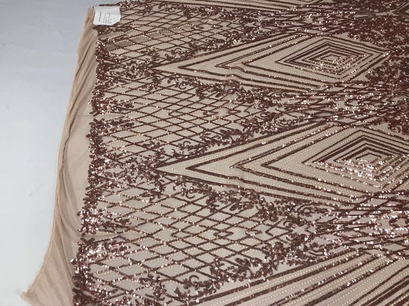 Rose gold geometric diamond design embroider with sequin on a 4 way stretch power mesh-sold by yard