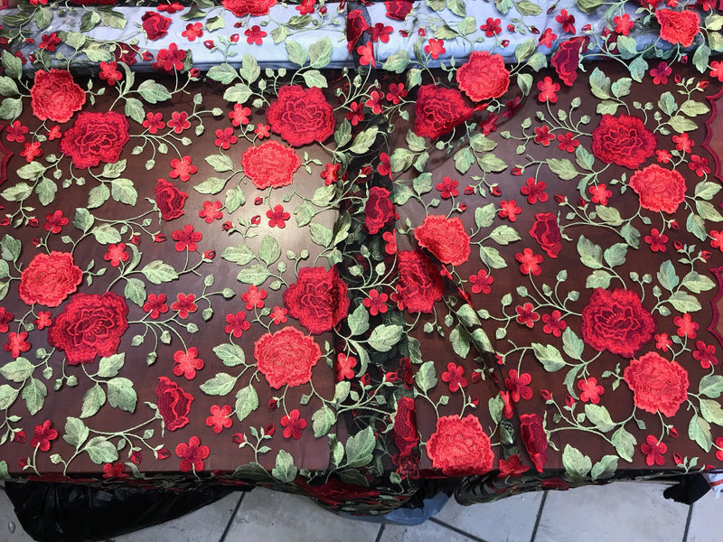 Red-black-green multi color floral design embroider on a black mesh-dresses-fashion-decorations-apparel-prom-nightgown-sold by the yard.
