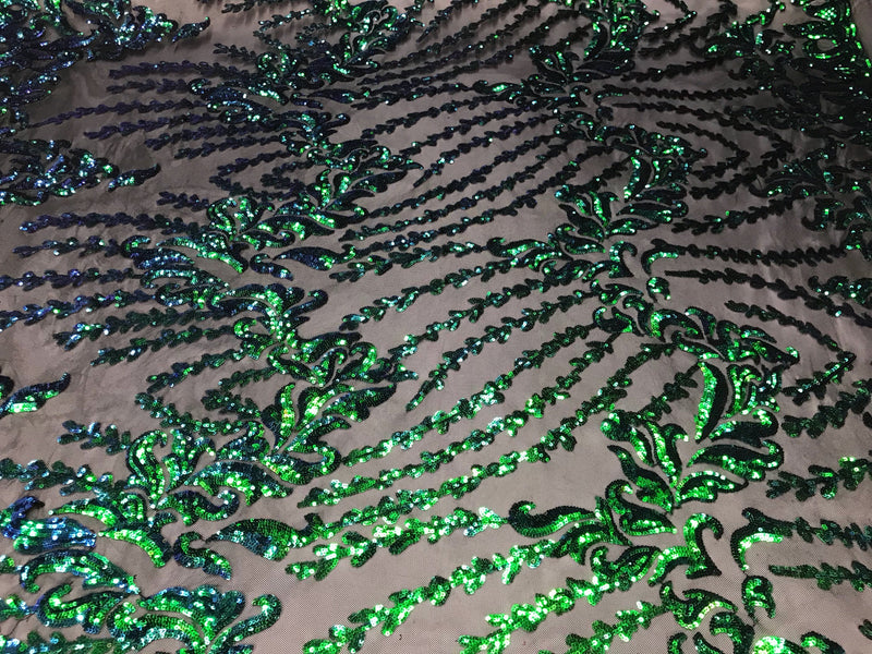 Black 4 way Stretch power mesh lace embroidered with green iridescent sequins-dresses-fashion-apparel-prom-nightgown-sold by the yard.