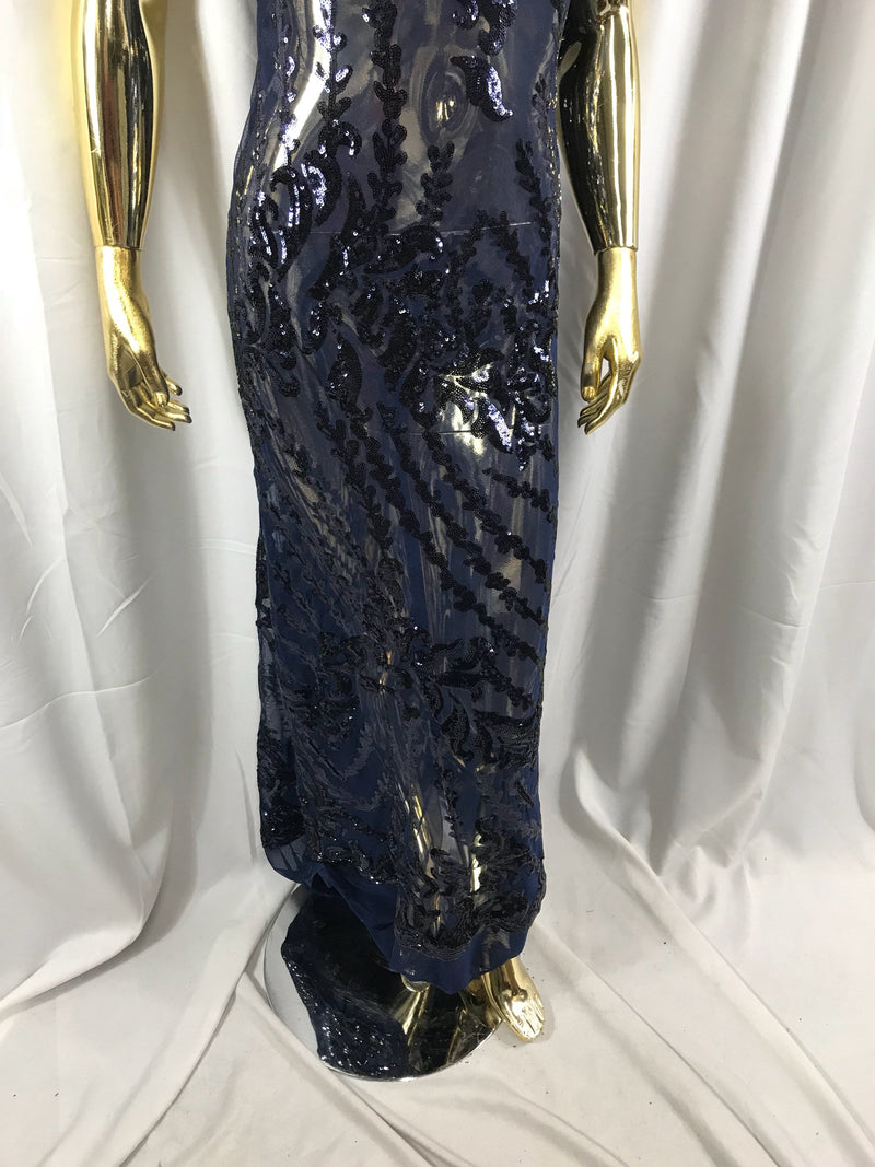 Navy blue 4 way Stretch power mesh lace embroidered with shiny sequins-dresses-apparel-prom-nightgown-decorations-sold by the yard.