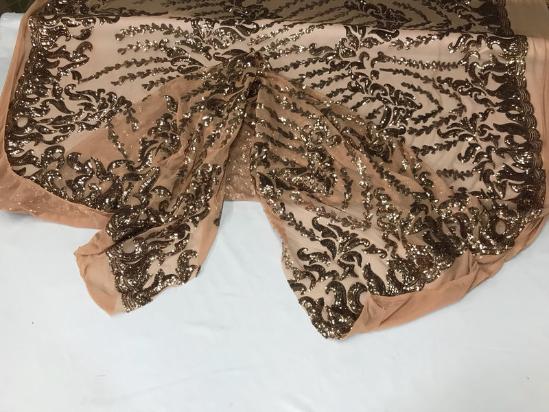 Nude-skin color 4 way Stretch power mesh lace embroidered with shiny sequins-dresses-fashion-apparel-prom-nightgown-decorations-sold by yard