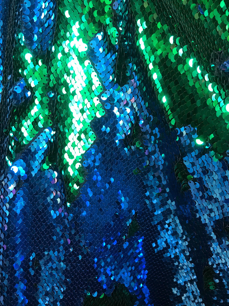 Green-turquoise shiny mermaid sequins embroider on a 2 way Stretch spandex-apparel-fashion-nightgown-decorations-sold by the yard.