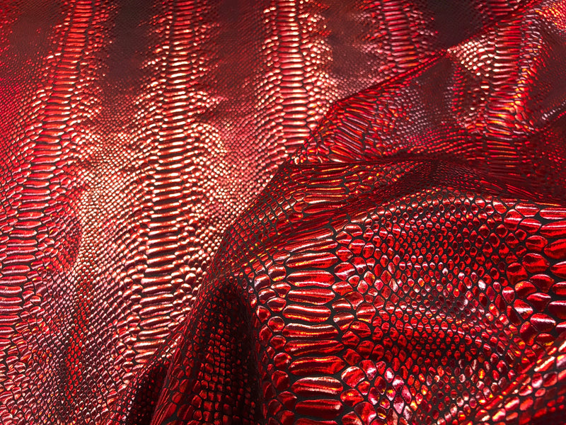 Red iridescent snake skin print on a 2 way stretch nylon spandex-skirts-leggings-dresses-decorations-nightgown-sold by the yard.