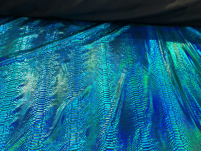 Turquoise iridescent snake skin print 2 way Stretch nylon spandex Lycra-dresses-skirts-fashion-leggings-nightgown-sold by yard.