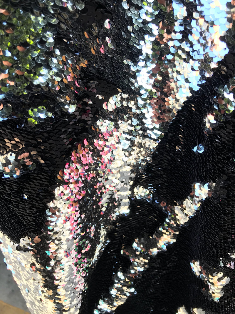 Black-silver shiny flip sequins-mermaid fish scale sequins on a 2 way stretch spandex-dresses-fashion-apparel-pillow-sold by the yard.
