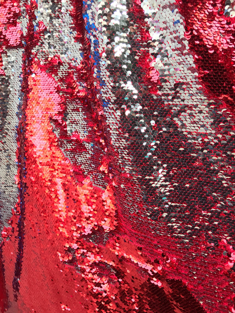 Red-silver shiny flip sequins-mermaid fish scales embroider on a 2 way stretch spandex-dresses-fashion-apparel-pillows-sold by the yard.