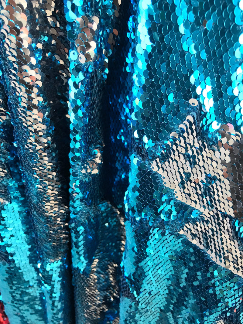 Teal blue-silver shiny flip sequins-mermaid fish scales embroider on a 2 way stretch spandex-dresses-fashion-apparel-pillows-sold by yard.