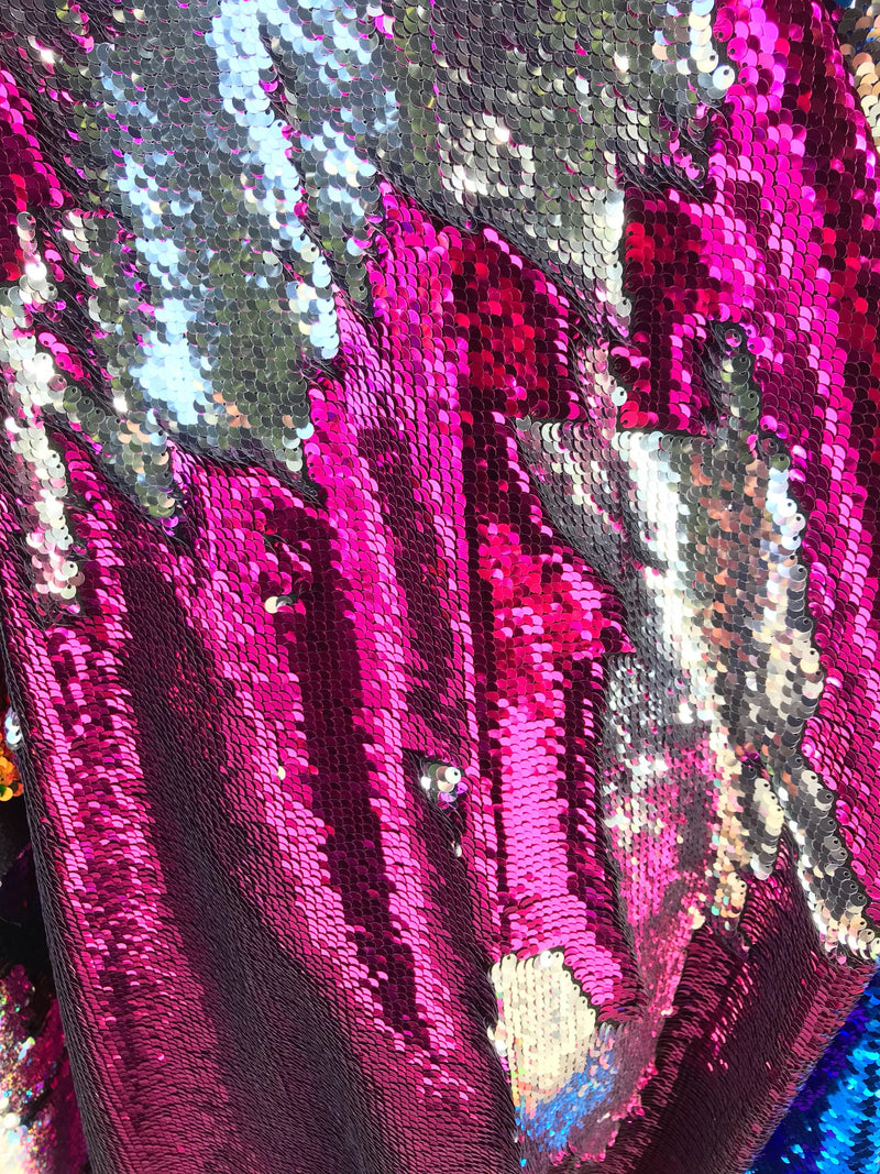Fuchsia-silver shiny flip sequins-mermaid fish scales embroider on a 2 way stretch spandex-dresses-fashion-apparel-pillows-sold by yard.