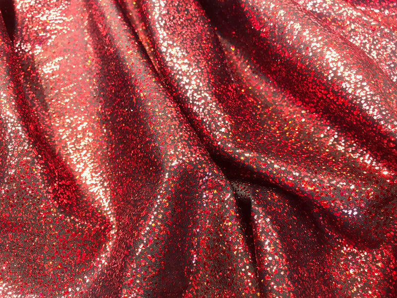 Red iridescent shattered glass design 4 way Stretch nylon spandex-dresses-fashion-apparel-leggings-bathing suits-sold by the yard.