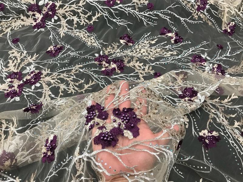 Purple floral design metallic embroider with pearls and iridescent rhinestones on a nude mesh-dresses-fashion-prom-nightgown-sold by yard.