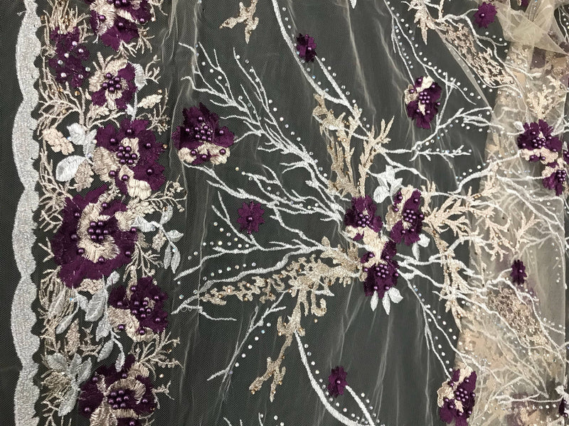 Purple floral design metallic embroider with pearls and iridescent rhinestones on a nude mesh-dresses-fashion-prom-nightgown-sold by yard.