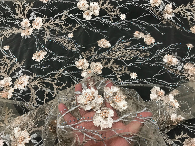 Peach floral design metallic embroider with pearls and iridescent rhinestones on a nude mesh-dresses-fashion-prom-nightgown-sold by the yard