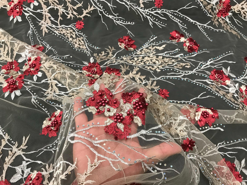 Red floral design metallic embroider with pearls and iridescent rhinestones on a nude mesh-dresses-prom-nightgown-fashion-sold by the yard.