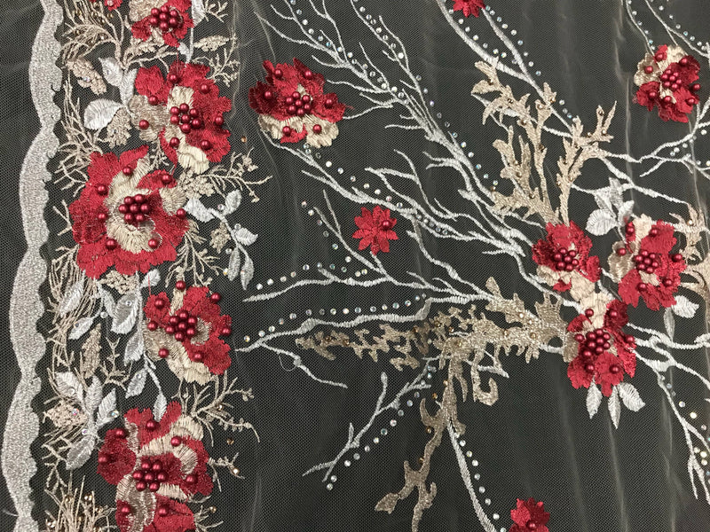 Red floral design metallic embroider with pearls and iridescent rhinestones on a nude mesh-dresses-prom-nightgown-fashion-sold by the yard.