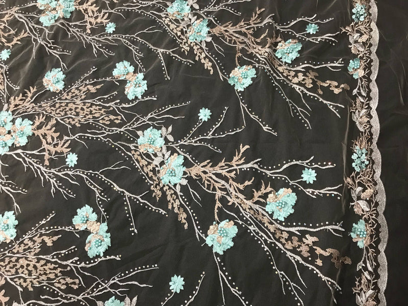 Aqua floral design metallic embroider with pearls and iridescent rhinestones on a nude mesh-dresses-fashion-prom-nightgown-sold by yard
