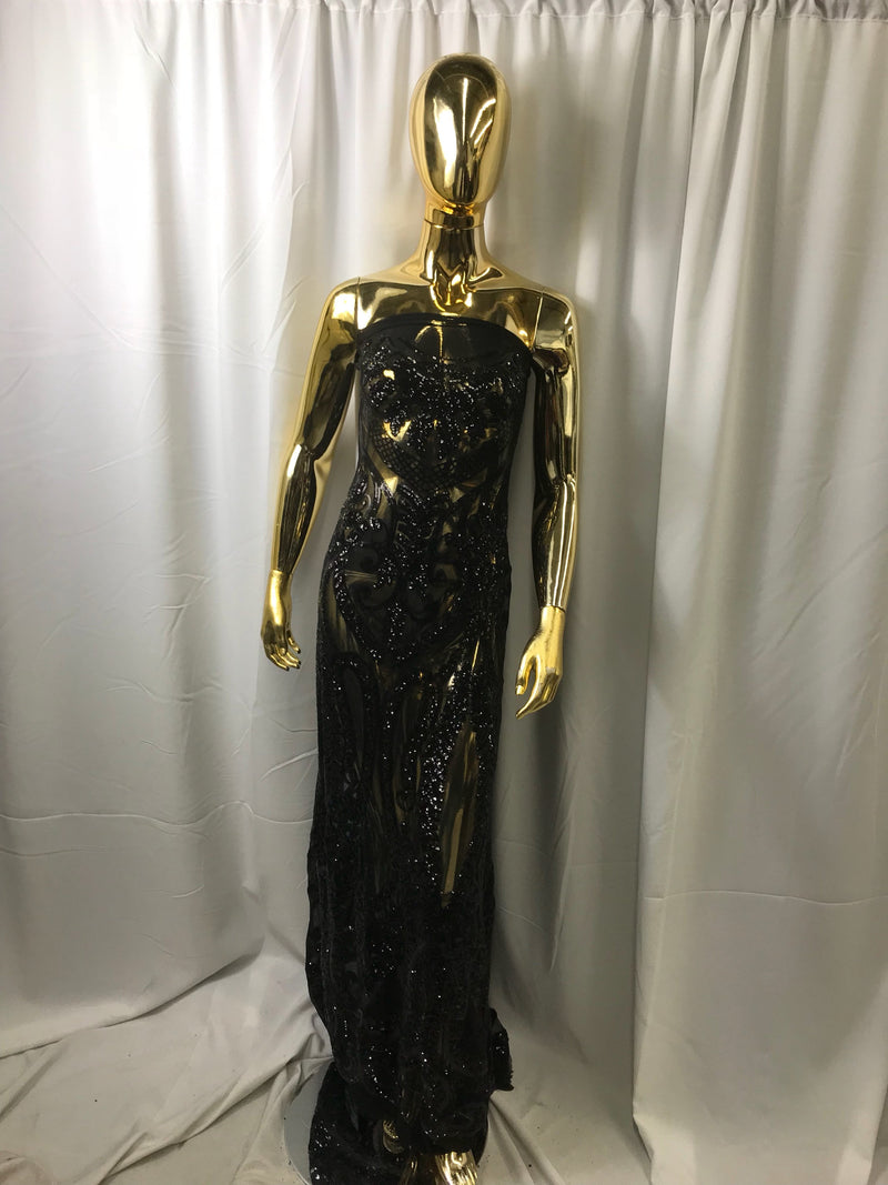 Black diva design embroider with shiny sequins on a 4 way Stretch power mesh-dresses-fashion-apparel-prom-nightgown-sold by the yard.