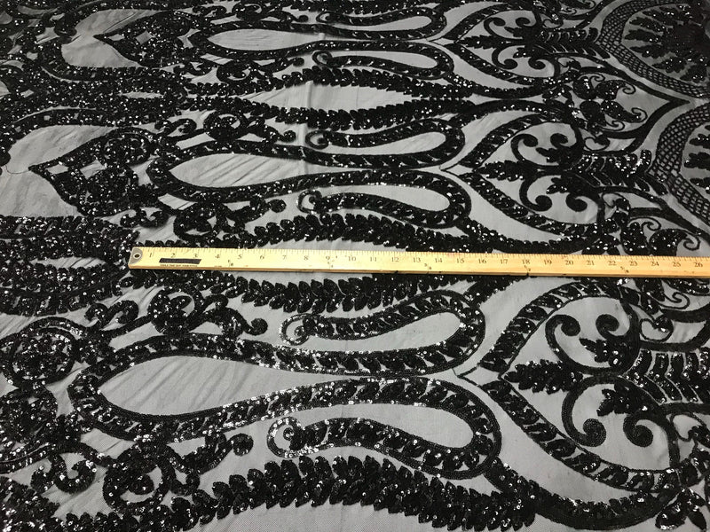 Black diva design embroider with shiny sequins on a 4 way Stretch power mesh-dresses-fashion-apparel-prom-nightgown-sold by the yard.