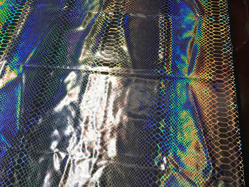 Black iridescent dragon scales printed on a nylon 2 way Stretch spandex-leggings -dresses-fashion-decorations-sold by the yard.