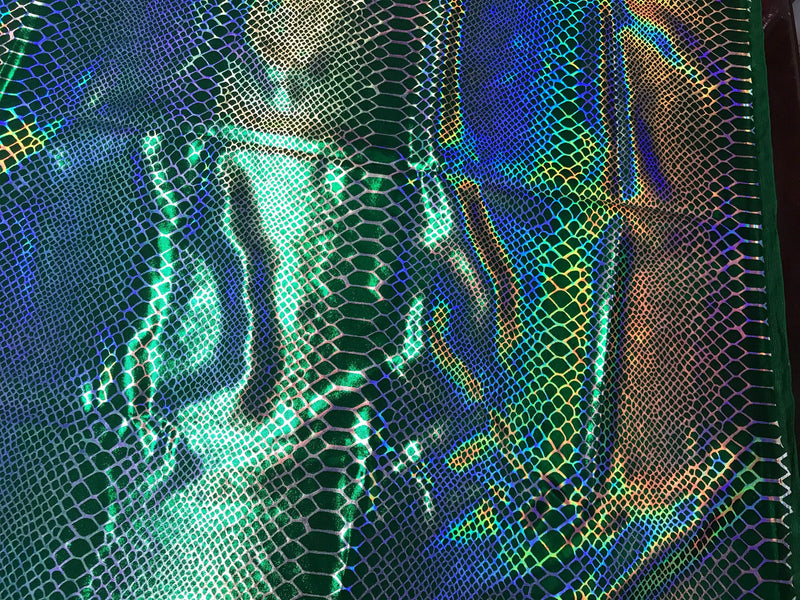 Green iridescent dragon scales print on a 2 way stretch nylon spandex-dresses-lwggings-decorations-prom-nightgown-sold by the yard.