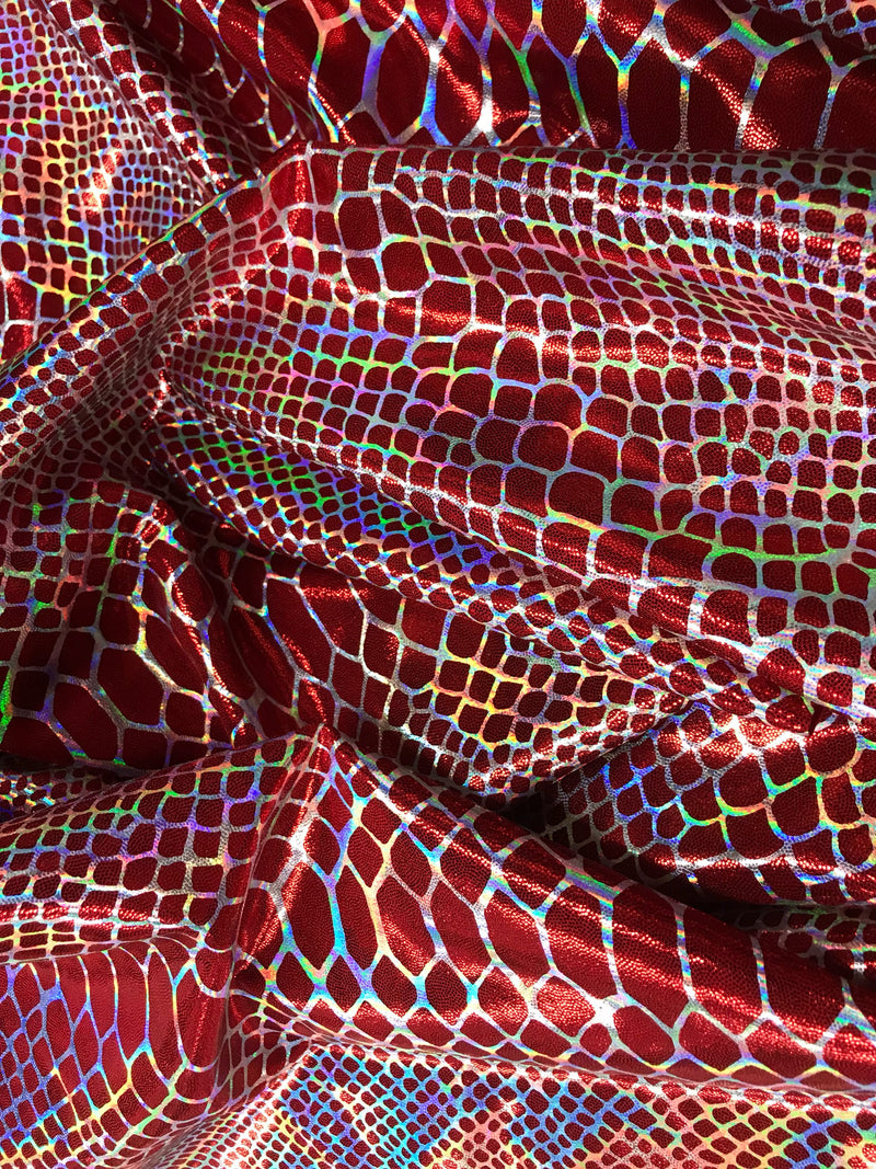 Red iridescent dragon scales print on a 2 way stretch nylon spandex-dresses-fashion-leggings-prom-nightgown-decorations-sod by the yard.
